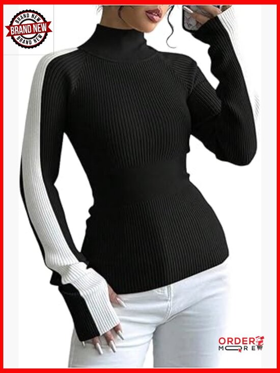 Sweaters - Color Block Turtleneck Pullover Sweater Ribbed Knit Long Sleeve Top